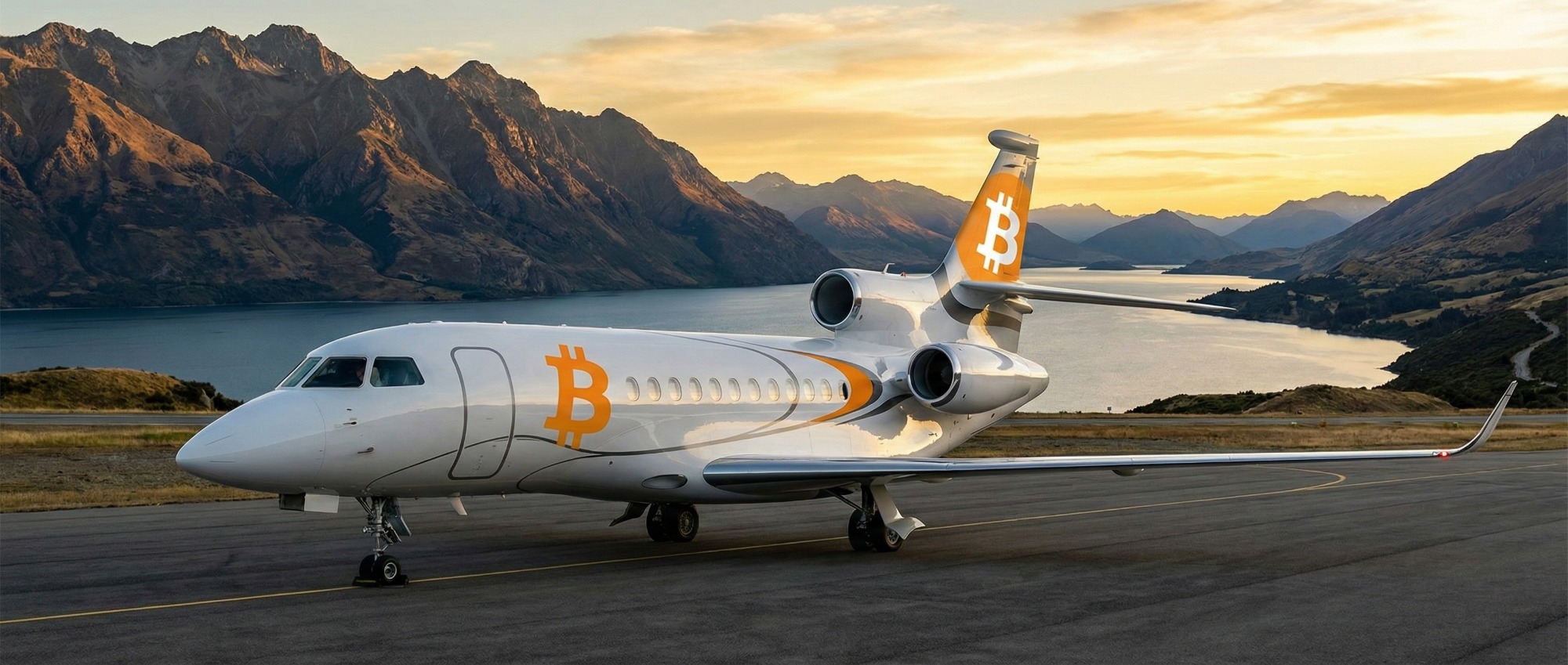 Dassault Falcon 8X Private Jet with the bitcoin logo painted on it to illustrate that IBC Aviation now accepts crypto as payment