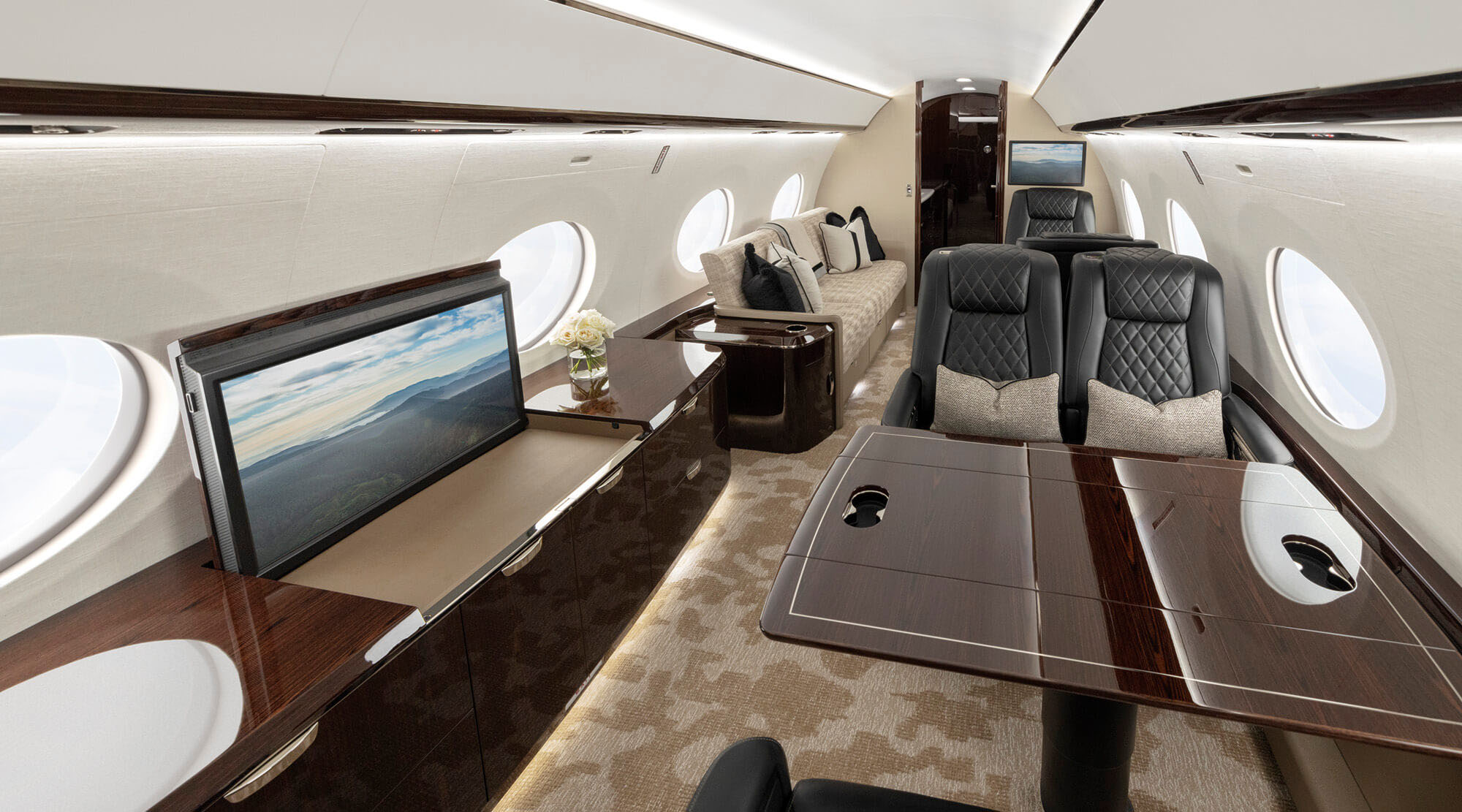 Cabine du Gulfstream G800 — quatre espaces de vie modulables