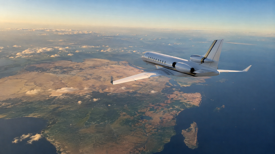 Jet privé long-courrier stationné sur l'aire d'un aéroport d'Afrique de l'Ouest avant un vol de retour vers l'Europe