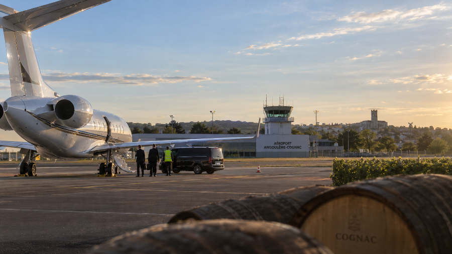 Jet privé sur l'aéroport d'Angoulême-Cognac, porte d'entrée des maisons de cognac, IBC Aviation