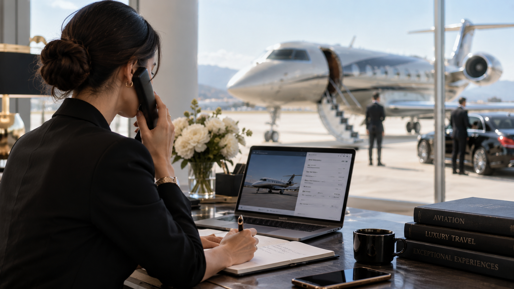 Assistante de direction préparant la réservation d'un jet privé pour son dirigeant, passeports et confirmation de vol sur le bureau, IBC Aviation