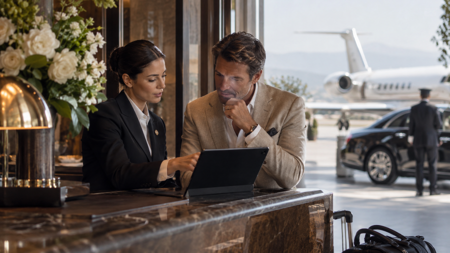 Concierge d'hôtel remettant à un client le devis de son vol en jet privé dans le hall d'un palace, IBC Aviation