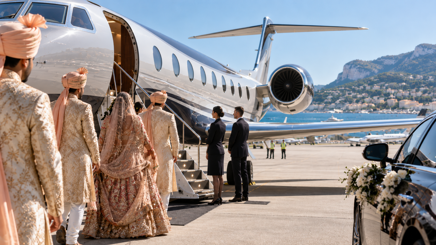 Jet privé très long-courrier et gros-porteur affrété sur l'aire de stationnement de l'aéroport de Nice avant un mariage indien sur la Côte d'Azur, IBC Aviation