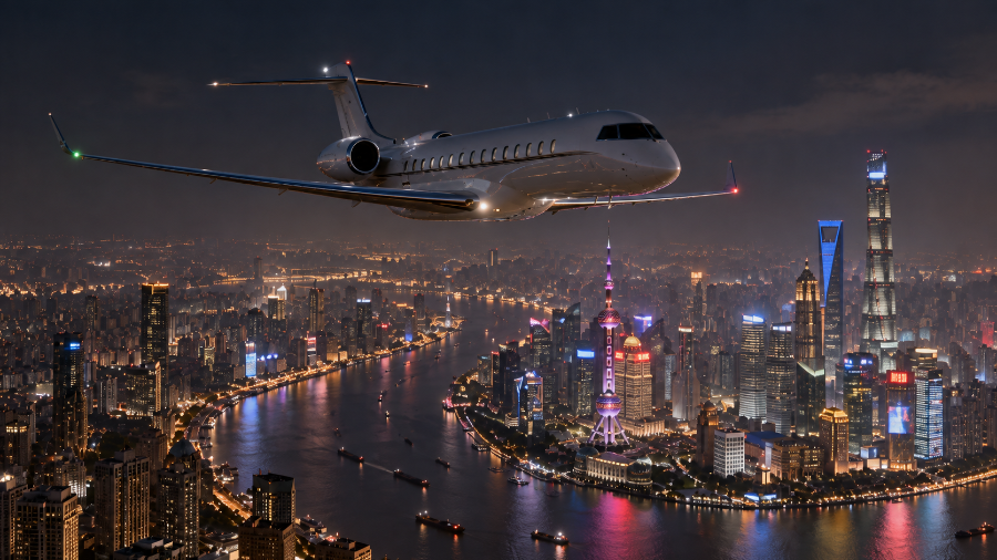Jet privé super midsize sur l'aire de stationnement de l'aéroport de Phuket après un vol depuis Shanghai, IBC Aviation