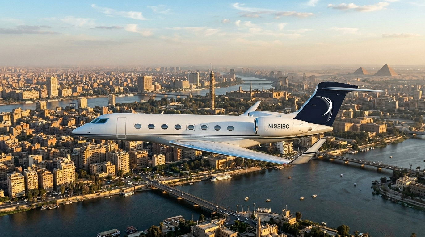 IBC Aviation Gulfstream private jet (N1921BC) flying over Cairo, with the Nile, the Cairo Tower and the Giza pyramids on the horizon.