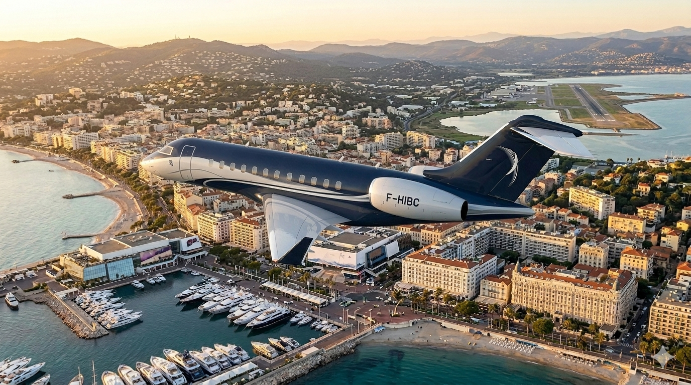 Jet privé IBC Aviation (F-HIBC) survolant Cannes au coucher du soleil : le Vieux Port et ses yachts, le Palais des Festivals et l'aéroport de Cannes-Mandelieu en arrière-plan.