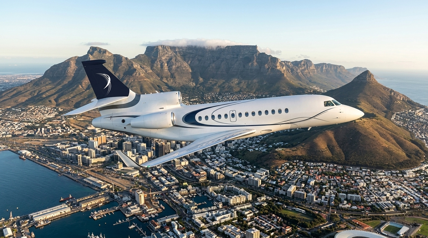 Jet privé Dassault Falcon d'IBC Aviation survolant Le Cap : la Montagne de la Table, Lion's Head et le port en bord d'Atlantique.