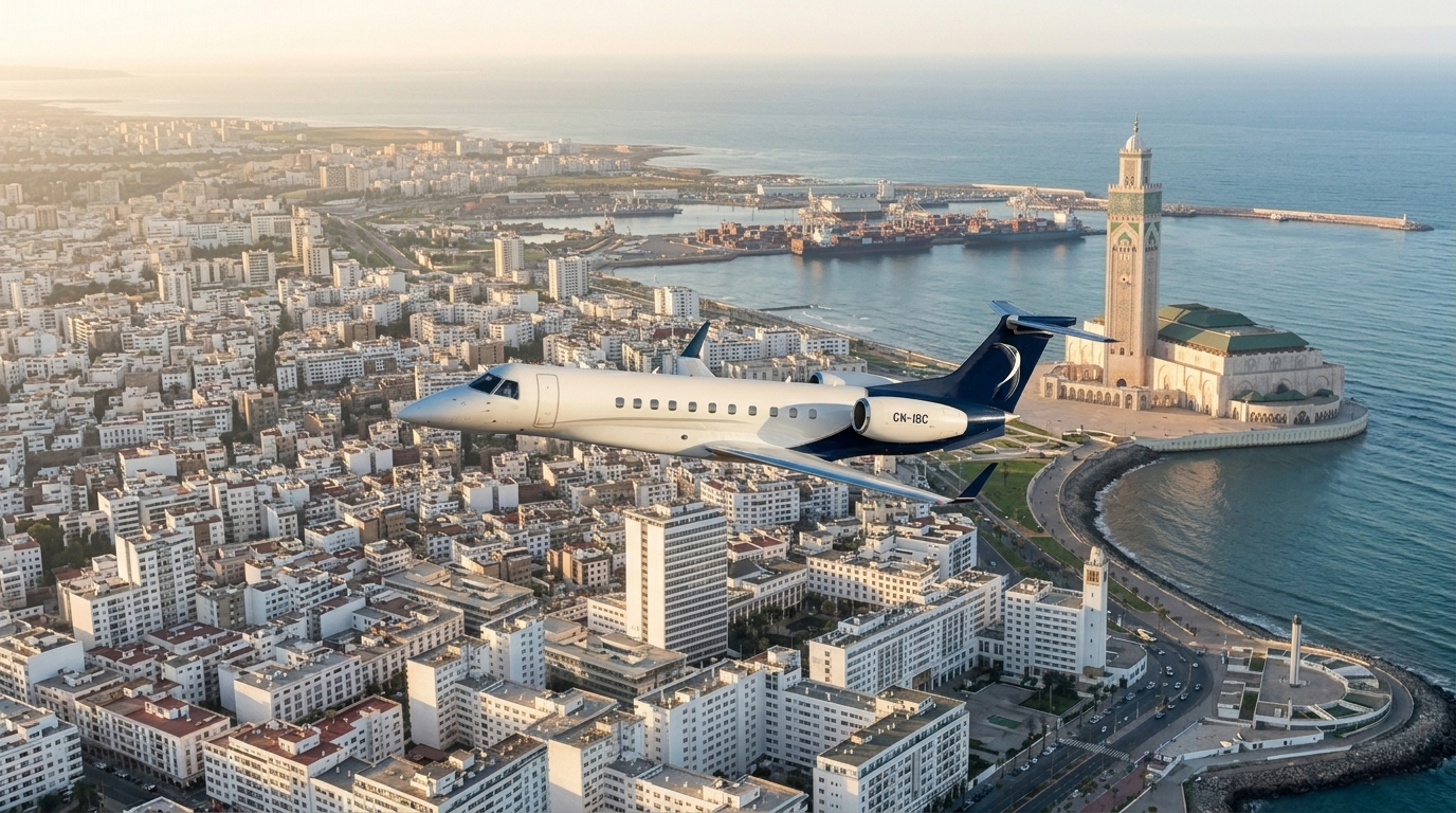 IBC Aviation Embraer Legacy private jet (CN-IBC) flying over Casablanca, with the Hassan II Mosque, the port and the corniche on the Atlantic.