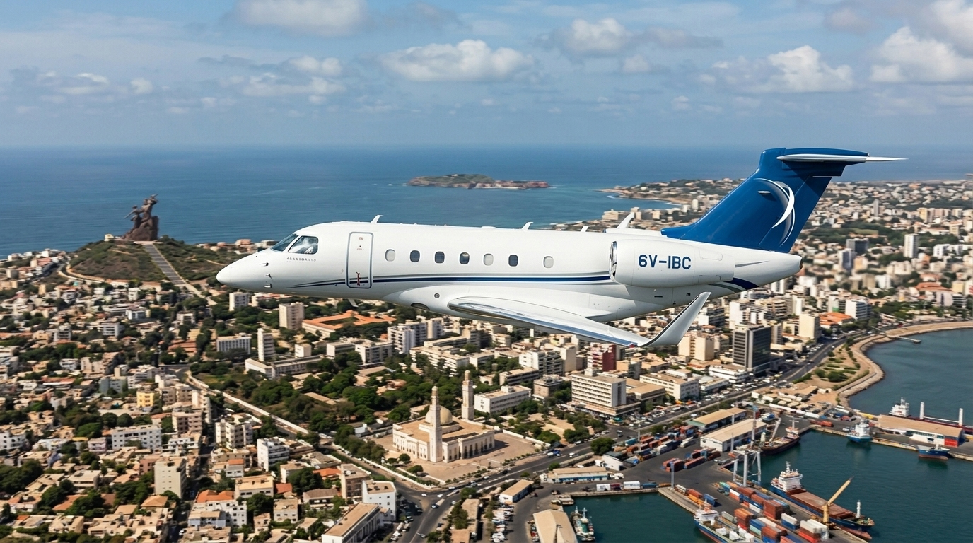Jet privé Embraer d'IBC Aviation (6V-IBC) survolant Dakar : le Monument de la Renaissance africaine, la corniche et l'Atlantique.