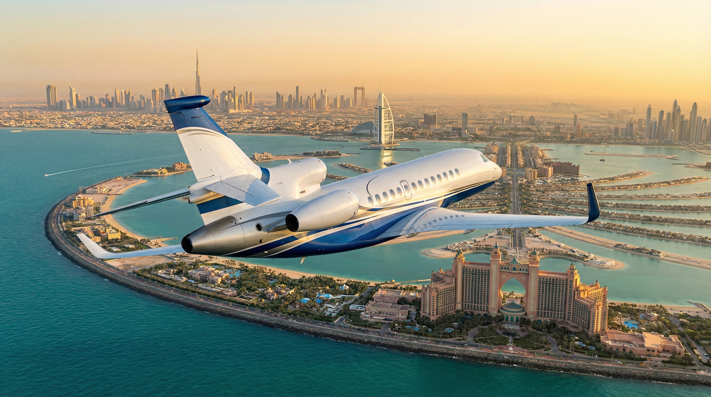 Jet privé Falcon 8X survolant la Palm Jumeirah à Dubai dans les Emirats Arabes Unis