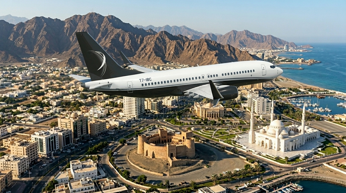 IBC Aviation BBJ (T7-IBC) flying over Fujairah, with Fujairah Fort, the Sheikh Zayed Mosque, the Hajar Mountains and the Gulf of Oman in the background.