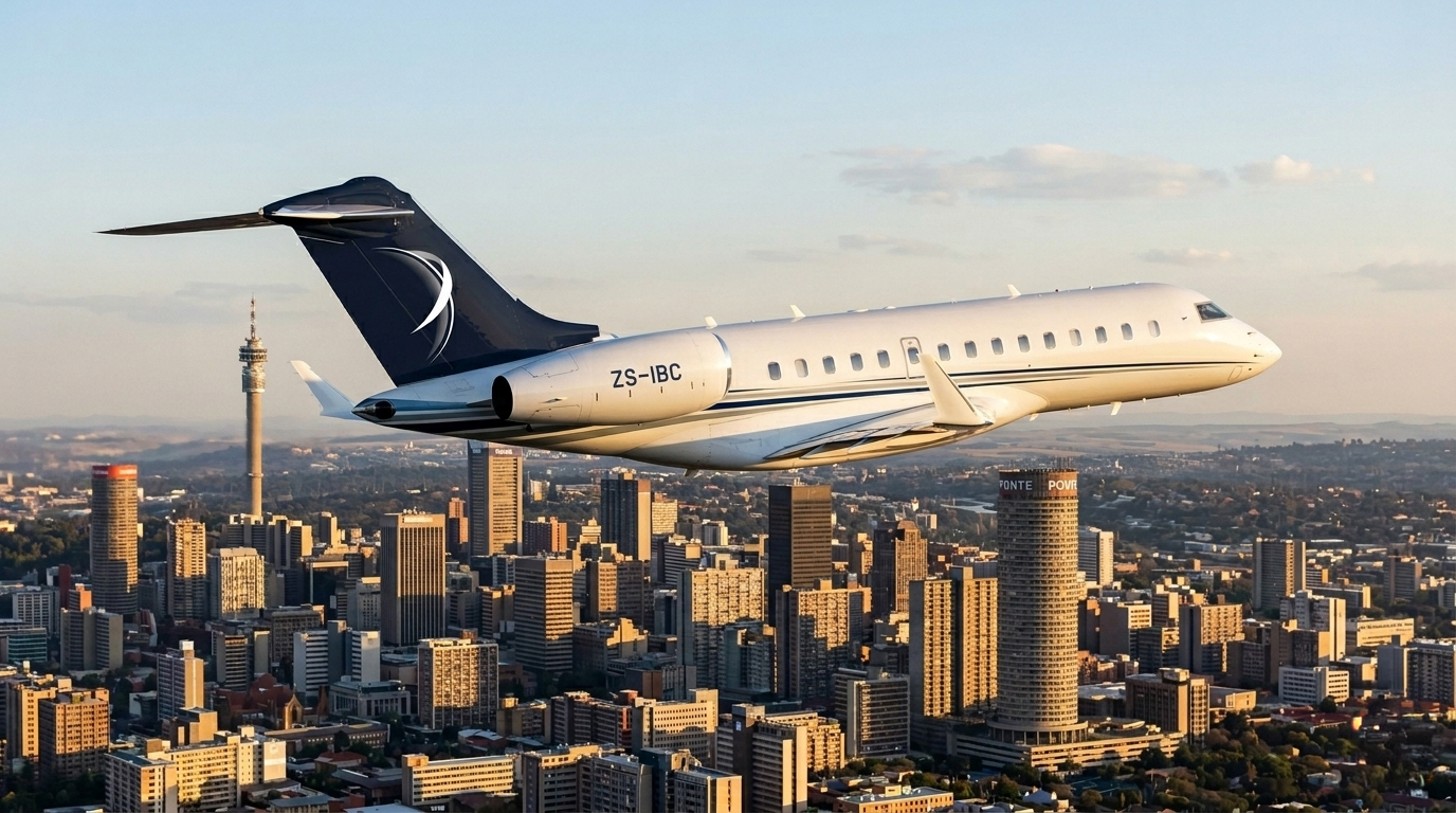 Jet privé Bombardier Global d'IBC Aviation (ZS-IBC) survolant Johannesburg : la skyline du centre, la tour Hillbrow et la tour Ponte City.