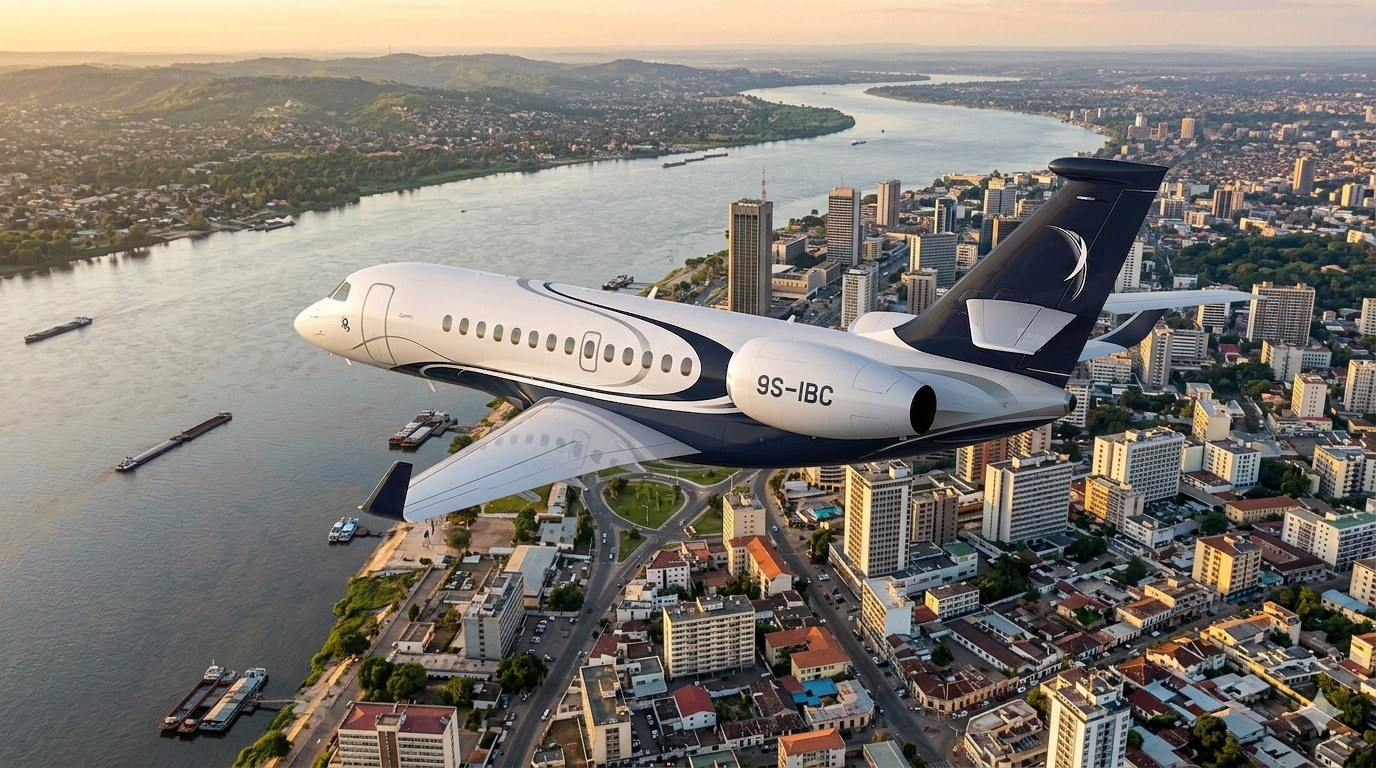 Jet privé IBC Aviation survolant Kinshasa et le fleuve Congo au coucher du soleil