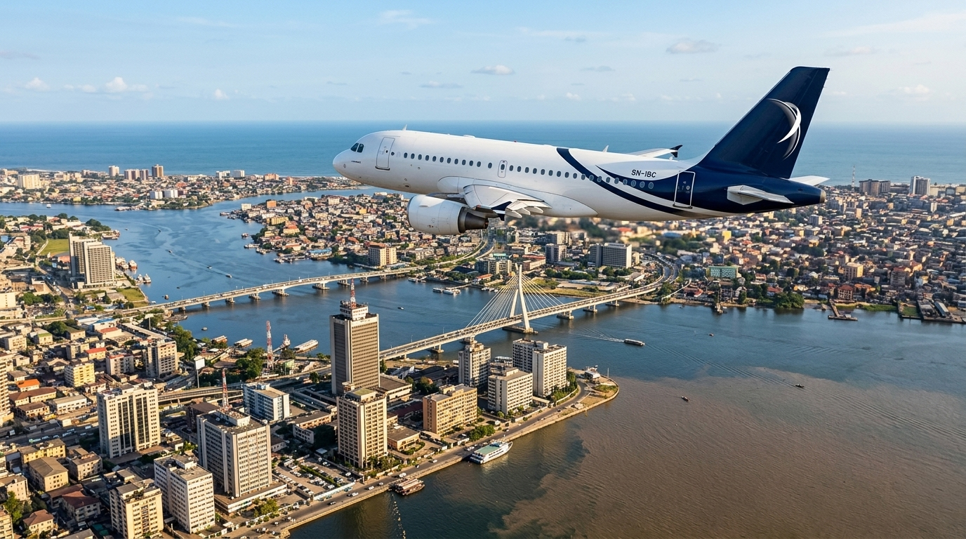 Avion d'affaires Airbus ACJ d'IBC Aviation (5N-IBC) survolant Lagos : la lagune, le pont à haubans et la skyline de Lagos Island.