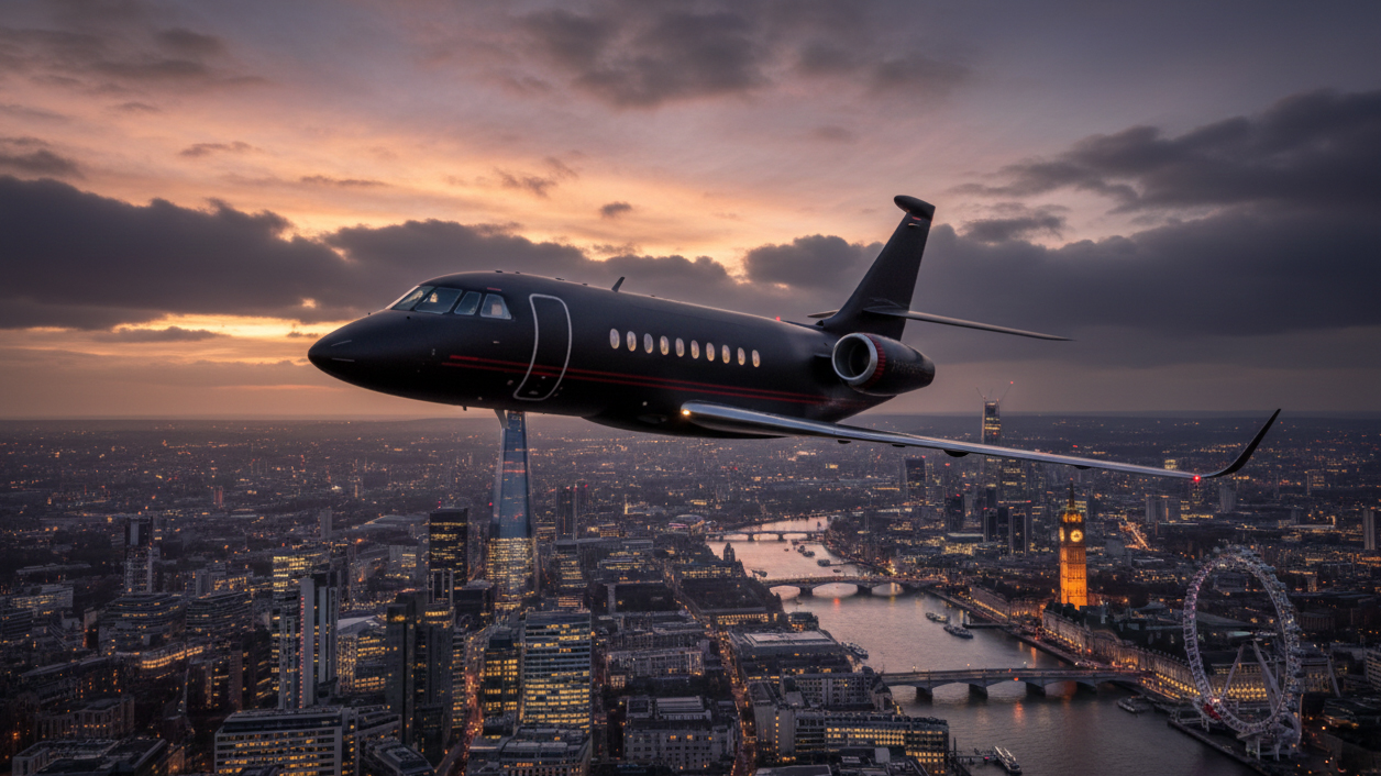 Jet Privé de type Falcon 2000LXS noir survolant la ville de Londres avec à l'horizon le Big Ben et le London Eye