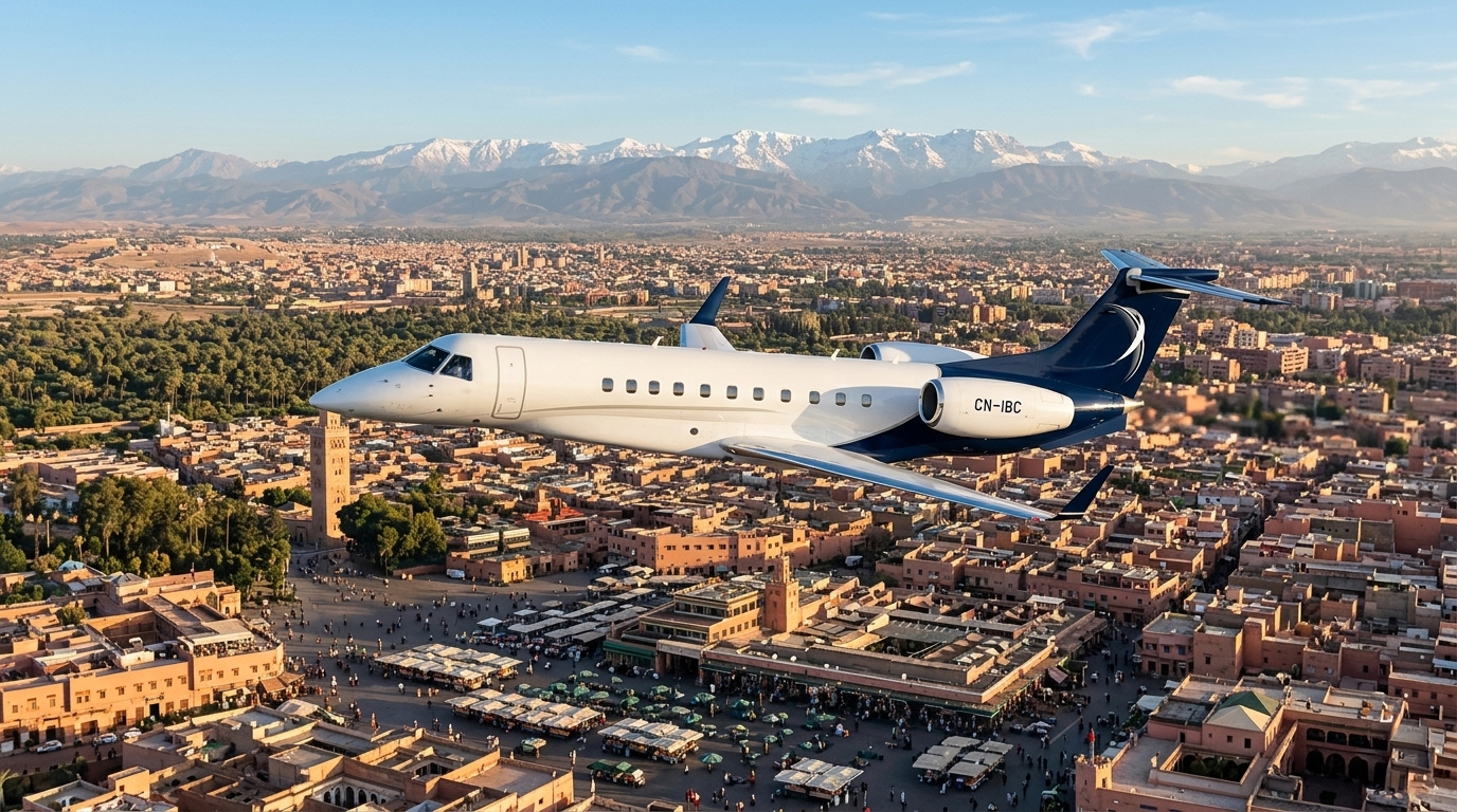 IBC Aviation Embraer Legacy private jet (CN-IBC) flying over Marrakech, with the Koutoubia, Jemaa el-Fna square and the snow-capped Atlas Mountains.