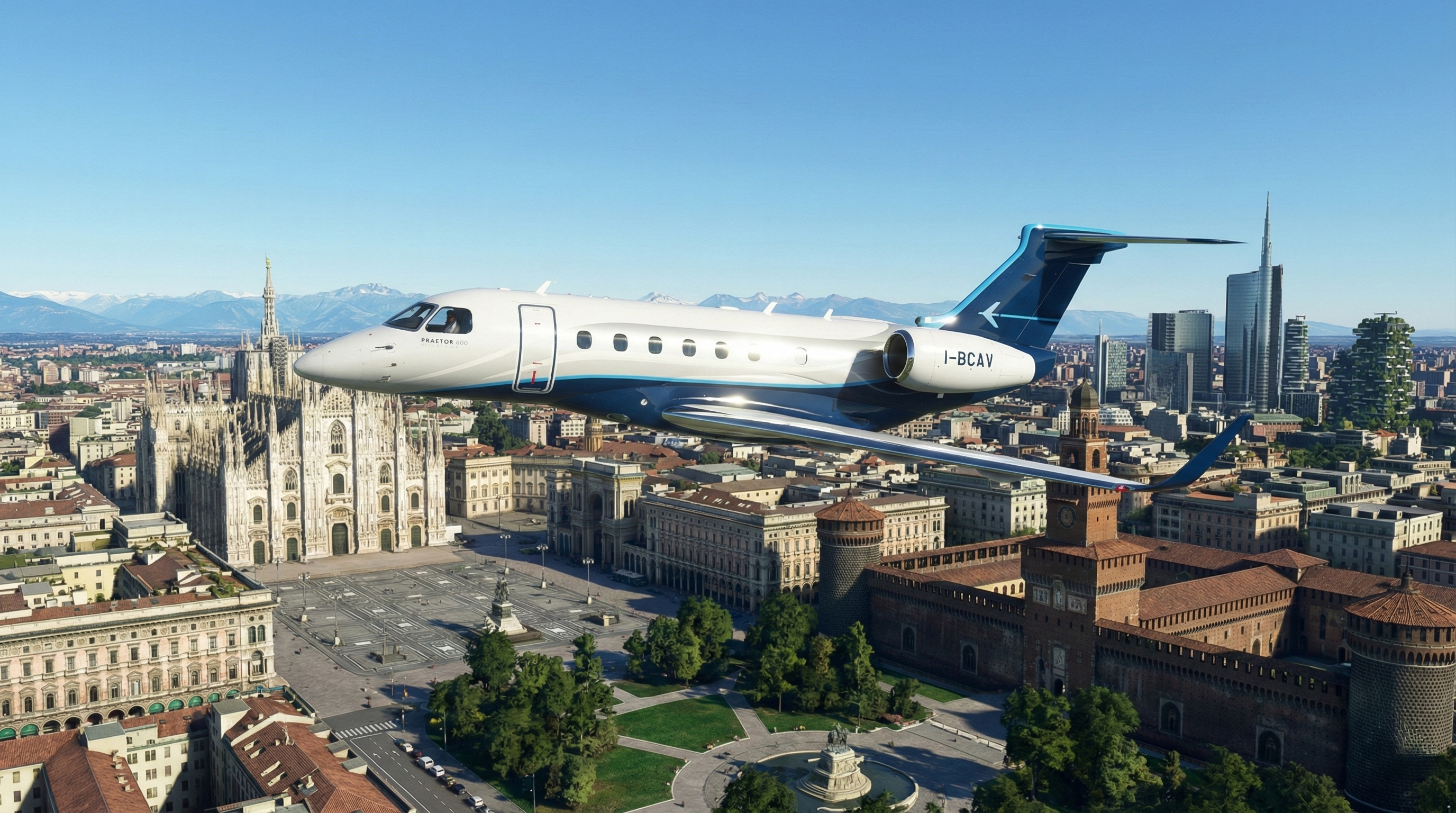 Private Jet Praetor 600 flying above the city of Milan
