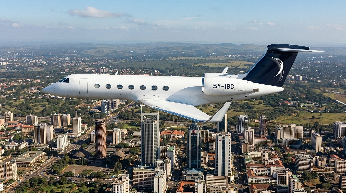 Jet privé Gulfstream d'IBC Aviation (5Y-IBC) survolant Nairobi : la skyline et la tour du KICC au cœur de la ville.