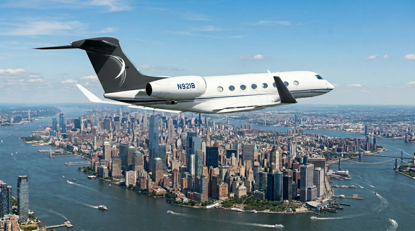 Gulfstream G700 d'IBC Aviation (N921B) survolant Manhattan par temps clair : la pointe sud de New York, One World Trade Center et l'Hudson en arrière-plan.