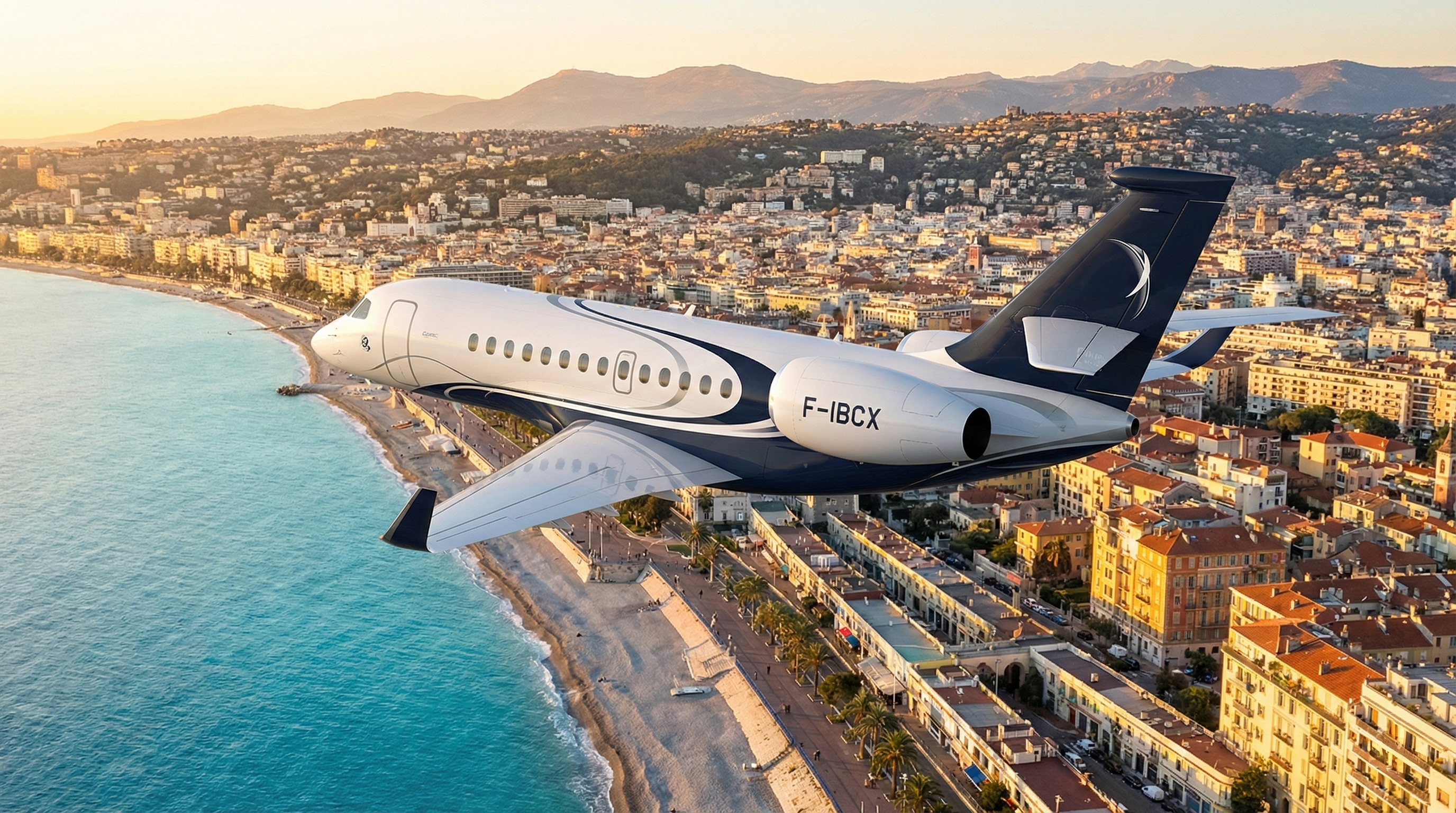 Jet Privé de type Dassault Falcon 6X survolant la ville de Nice, avec à l'horizon la Promenade des Anglais