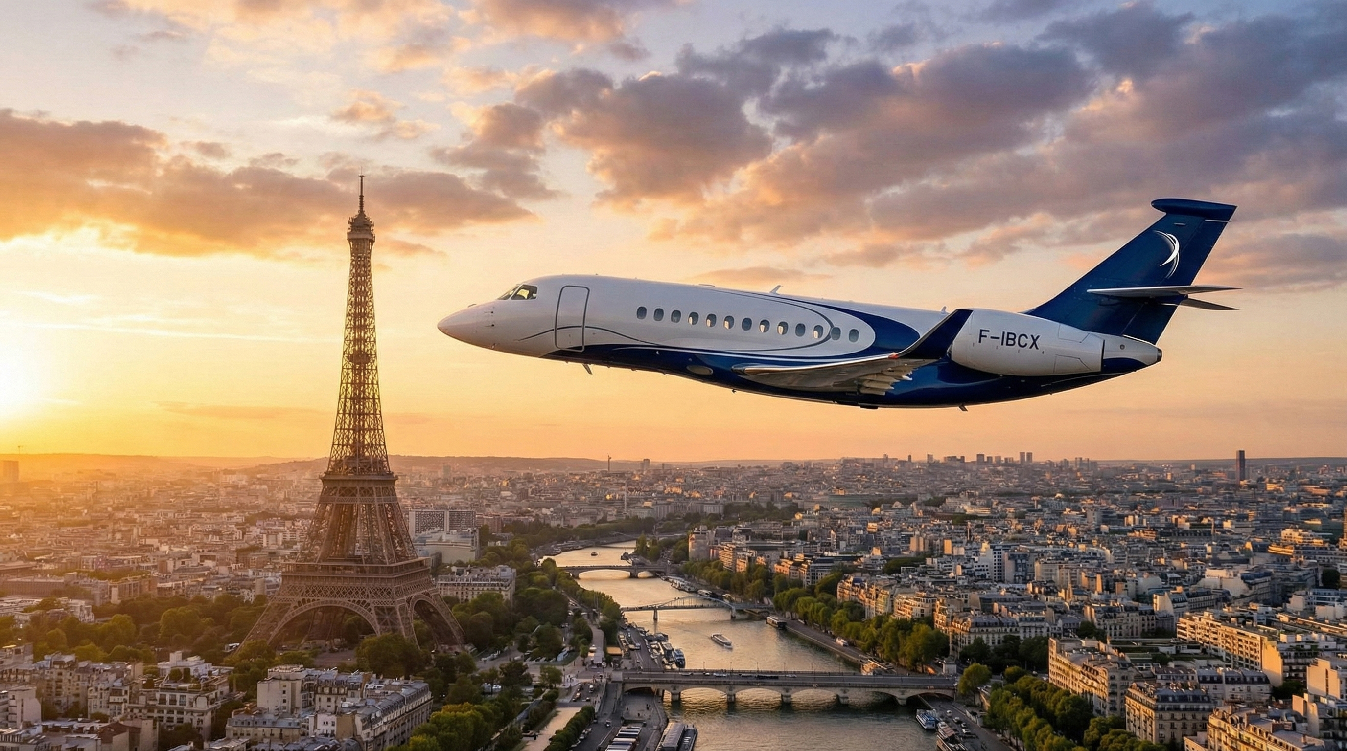 Jet Privé de type Dassault Falcon 6X survolant la ville de Paris, avec à l'horizon la Tour Eiffel