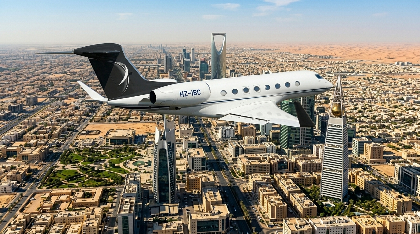 Gulfstream G700 d'IBC Aviation (HZ-IBC) survolant Riyad : la Kingdom Centre Tower, l'Al Faisaliah et la skyline de la capitale saoudite en arrière-plan.