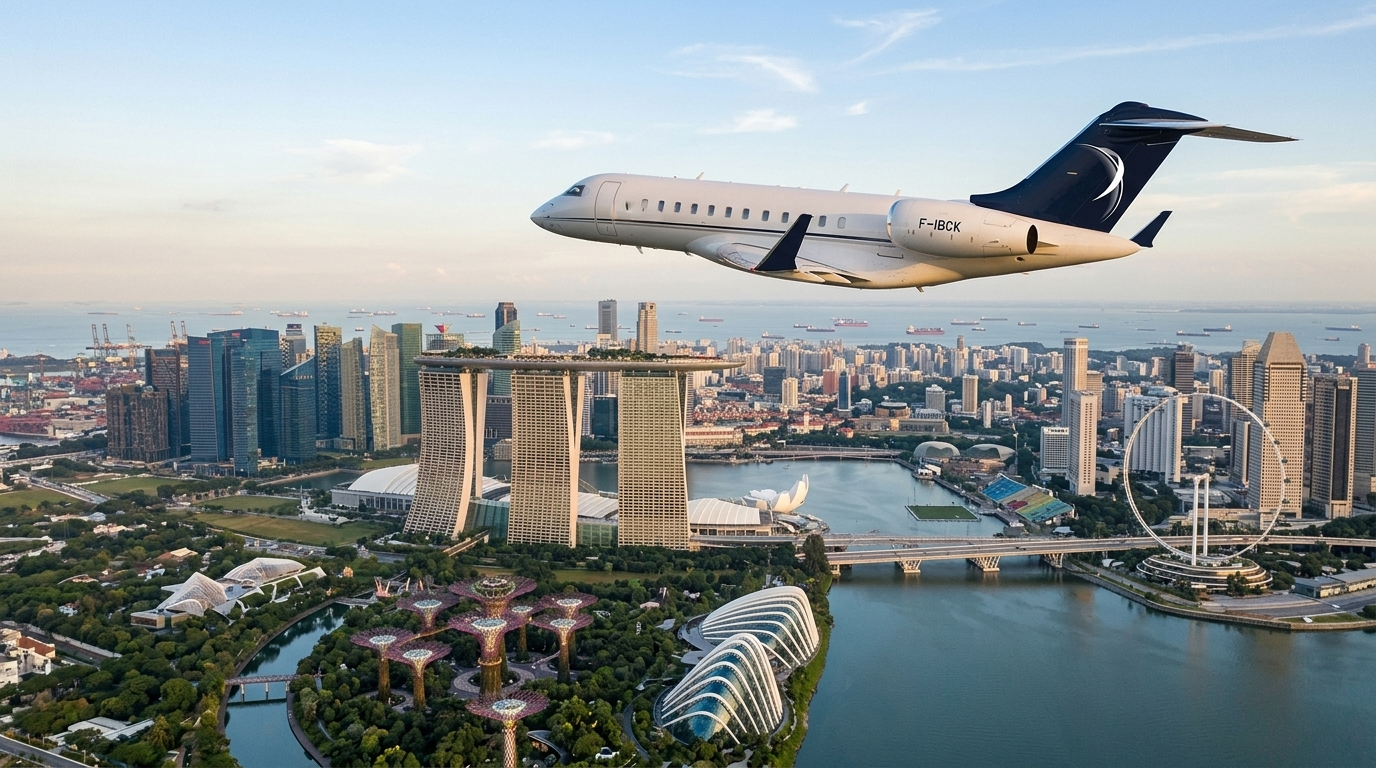 Bombardier Global d'IBC Aviation (F-IBCK) survolant Singapour : le Marina Bay Sands, Gardens by the Bay et le Singapore Flyer en contrebas, la baie en arrière-plan.