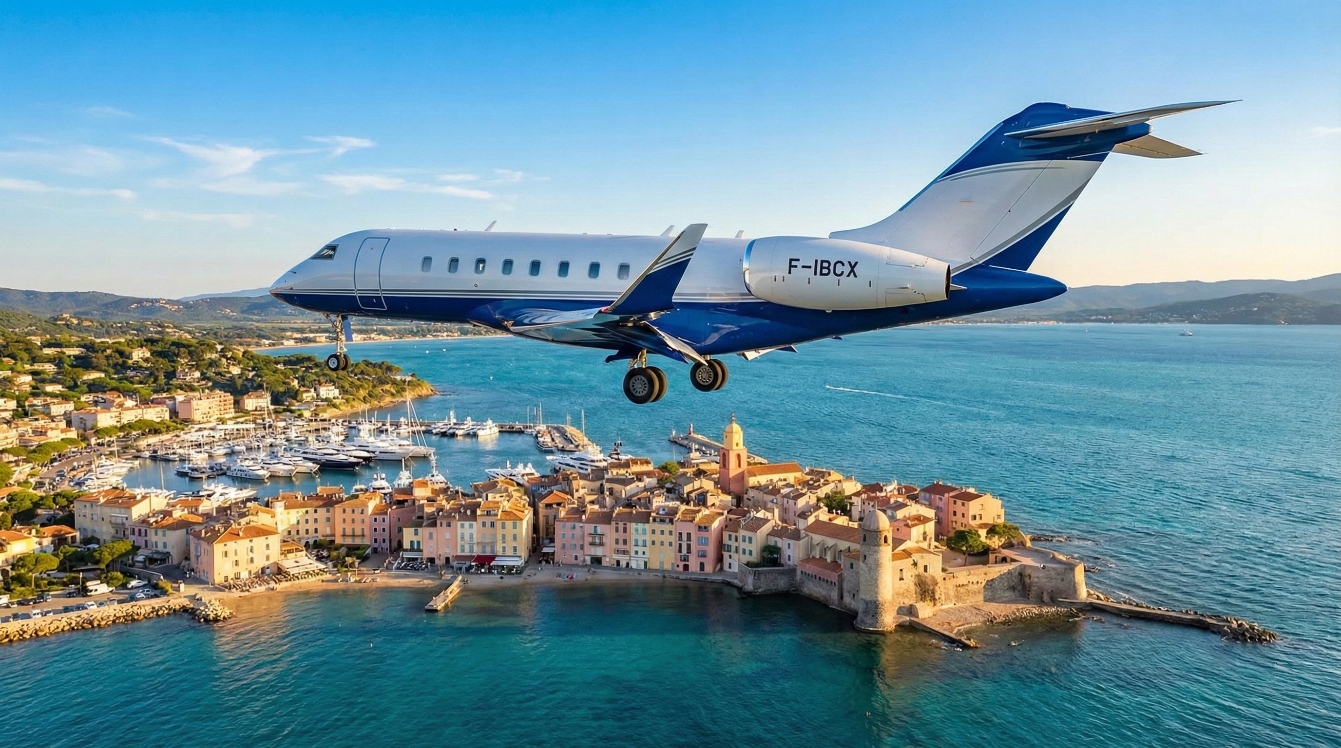 A Bombardier Global 7000 flying above the city of Saint Tropez