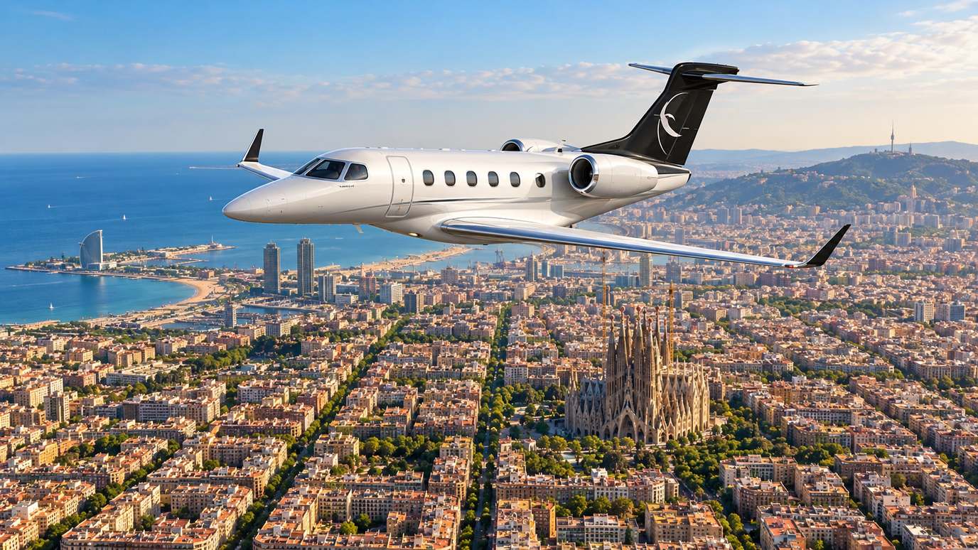 Illustration IBC Aviation : Phenom 300 devant Barcelone