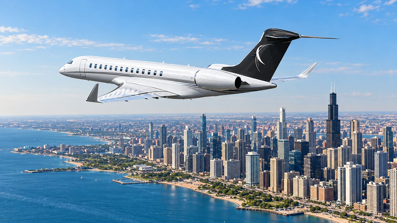 Illustration IBC Aviation : Global 7500 devant Chicago
