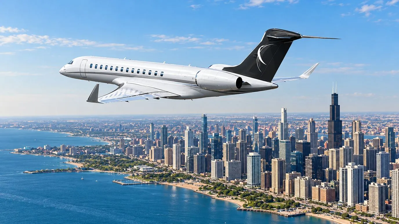 Illustration IBC Aviation : Global 7500 devant Chicago