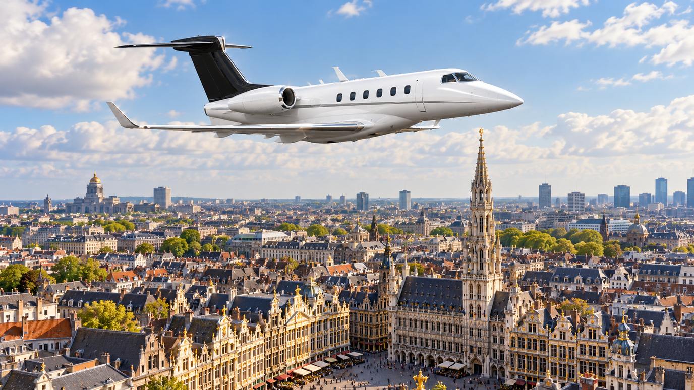 IBC Aviation illustration: Phenom 300 with Brussels in the background