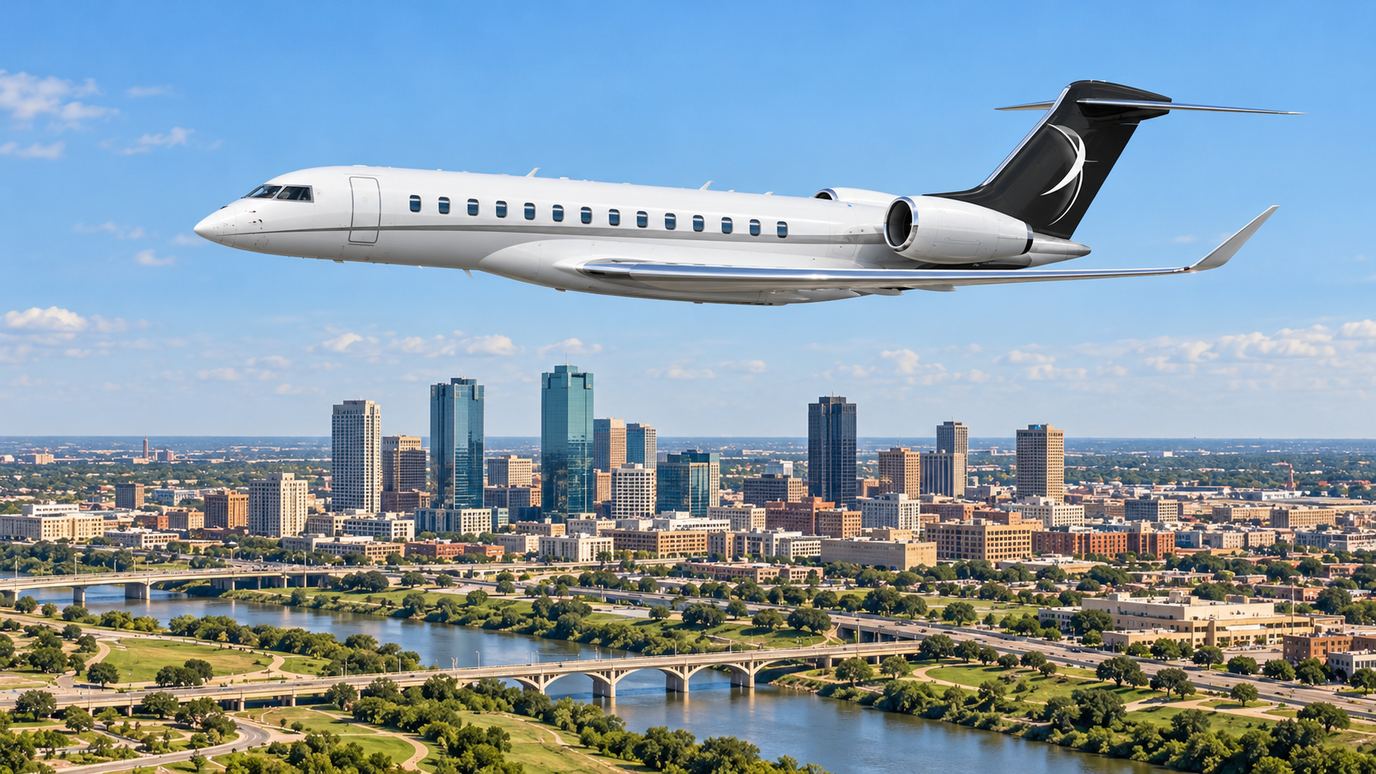 IBC Aviation illustration: Global 7500 with Fort Worth in the background
