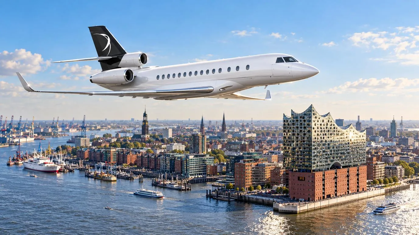Illustration IBC Aviation : Falcon 8X devant Hambourg