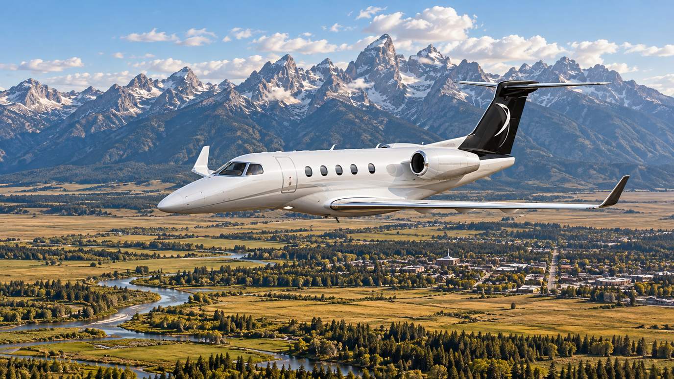 Illustration IBC Aviation : Phenom 300 devant Jackson Hole et la chaîne des Tetons