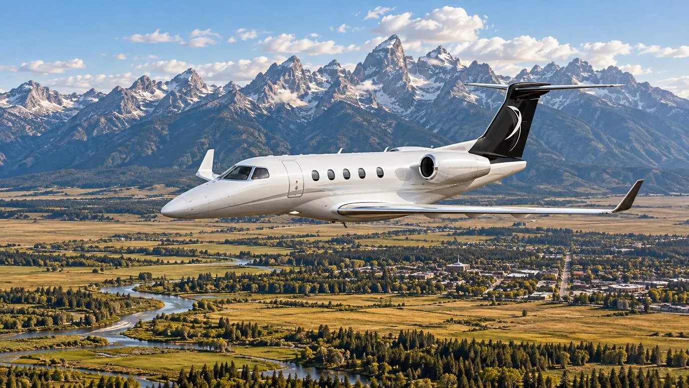 Illustration IBC Aviation : Phenom 300 devant Jackson Hole et la chaîne des Tetons