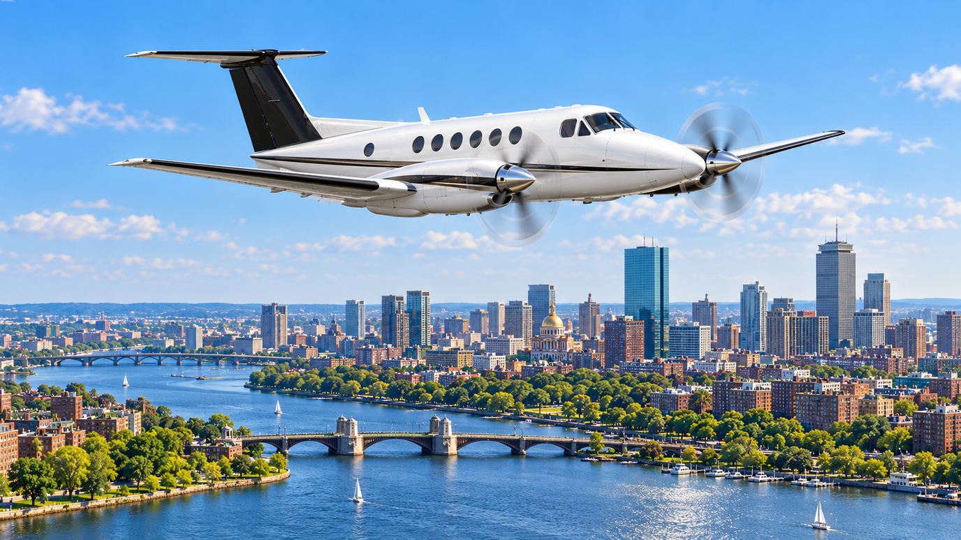 Illustration IBC Aviation : King Air 350, panorama de Boston