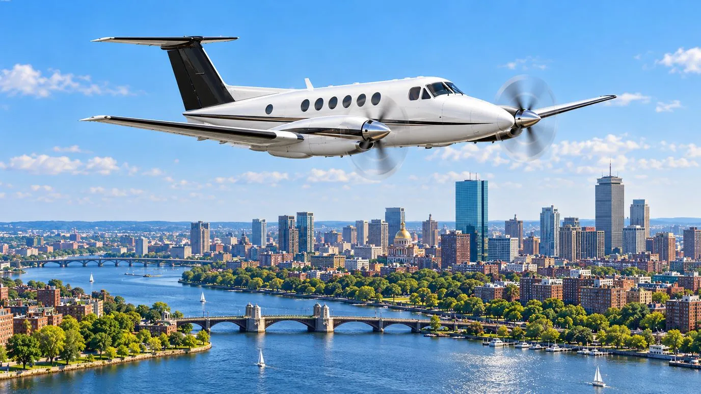 Illustration IBC Aviation : King Air 350, panorama de Boston