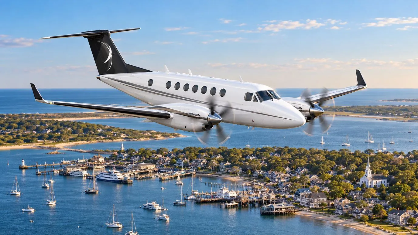 Illustration IBC Aviation : King Air 350 devant Martha’s Vineyard