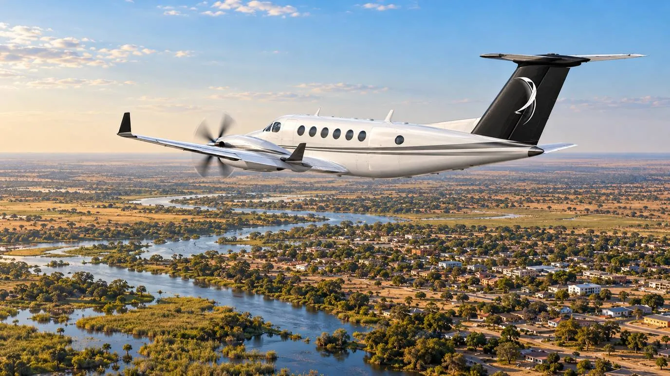 Illustration IBC Aviation : King Air 350 devant Maun et la région de l’Okavango