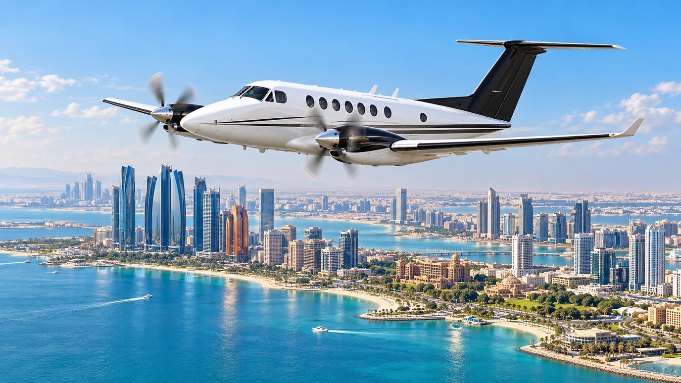 Illustration IBC Aviation : King Air 350, panorama de Abu Dhabi