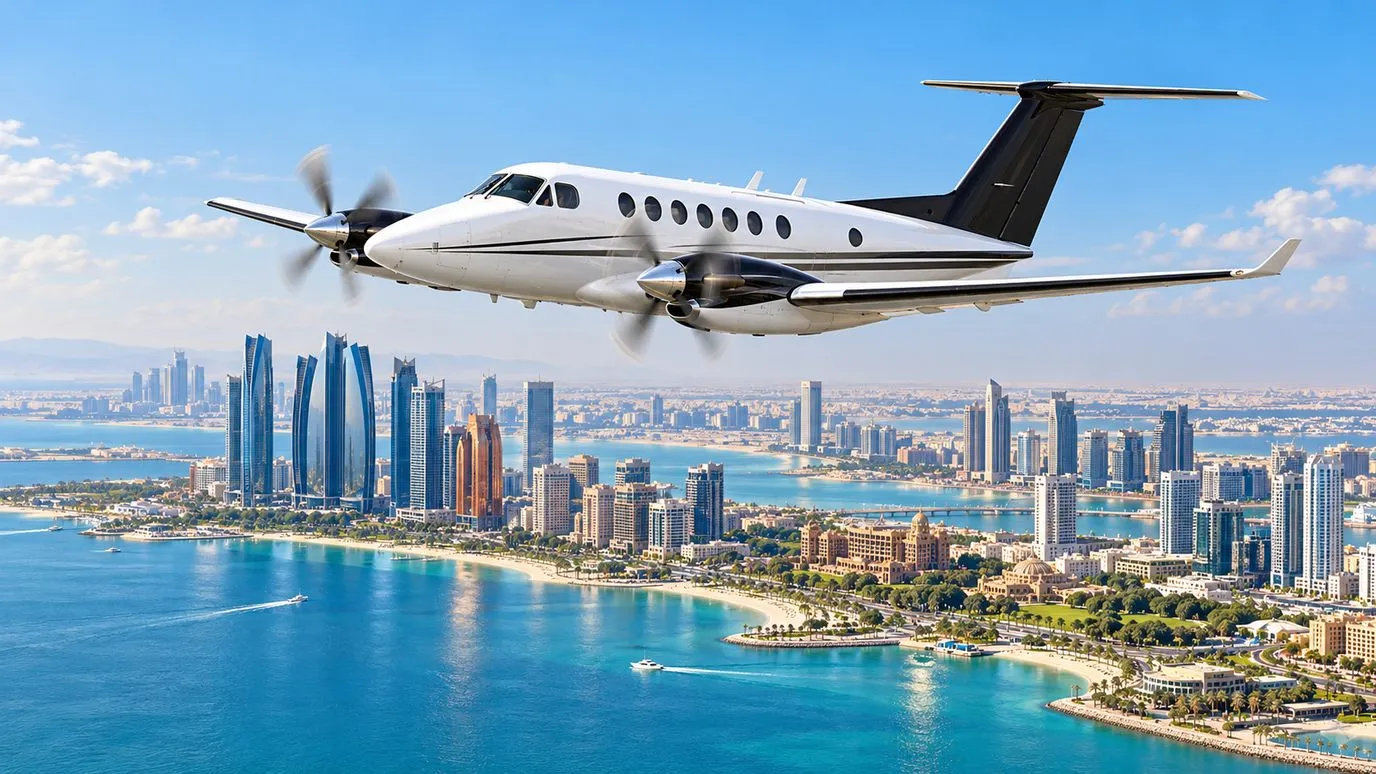 Illustration IBC Aviation : King Air 350, panorama de Abu Dhabi