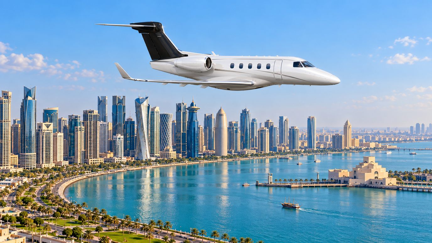 IBC Aviation illustration: Phenom 300 with Doha in the background