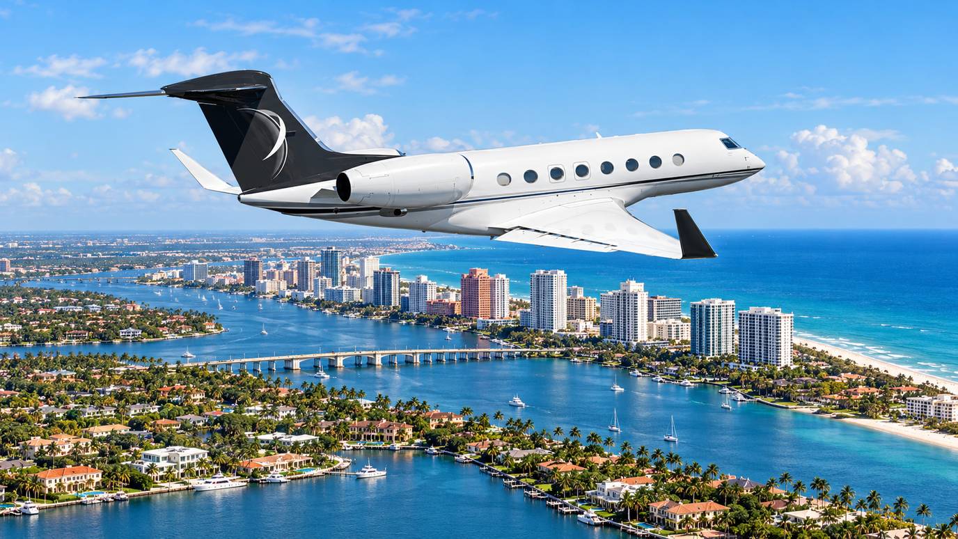 Illustration IBC Aviation : jet privé devant Palm Beach