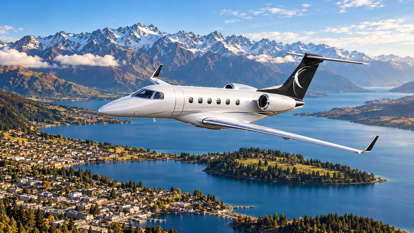Illustration IBC Aviation : Phenom 300 devant Queenstown et le lac Wakatipu