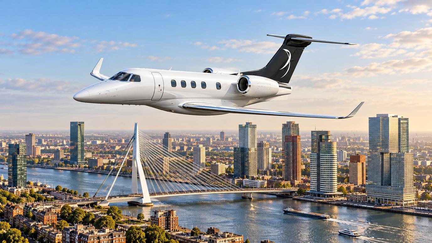 Illustration IBC Aviation : Phenom 300 devant Rotterdam