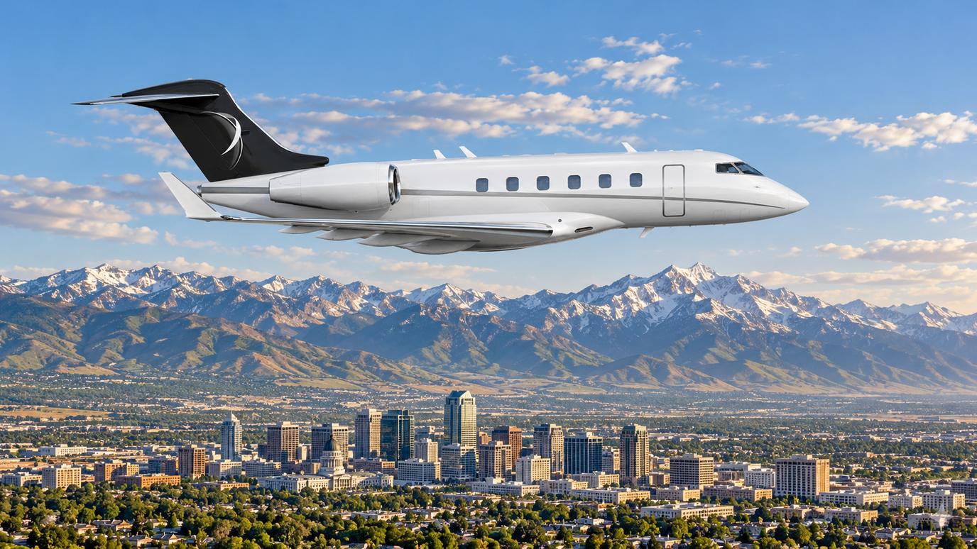Illustration IBC Aviation : Challenger 3500 devant Salt Lake City
