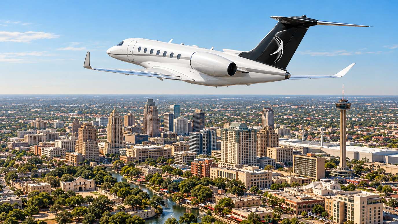 IBC Aviation illustration: Citation Longitude with San Antonio in the background