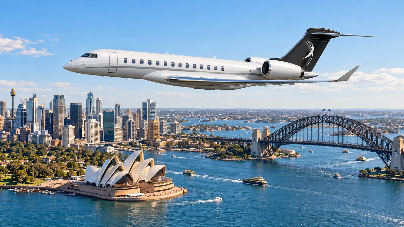 IBC Aviation illustration: Global 7500 with Sydney in the background
