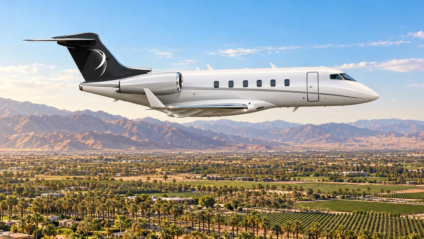 Illustration IBC Aviation : Challenger 3500 devant Thermal et la vallée de Coachella